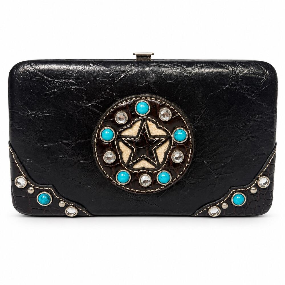 P&G Collection Western Star Concho Wallet Brown Turquoise Rhinestone Womens